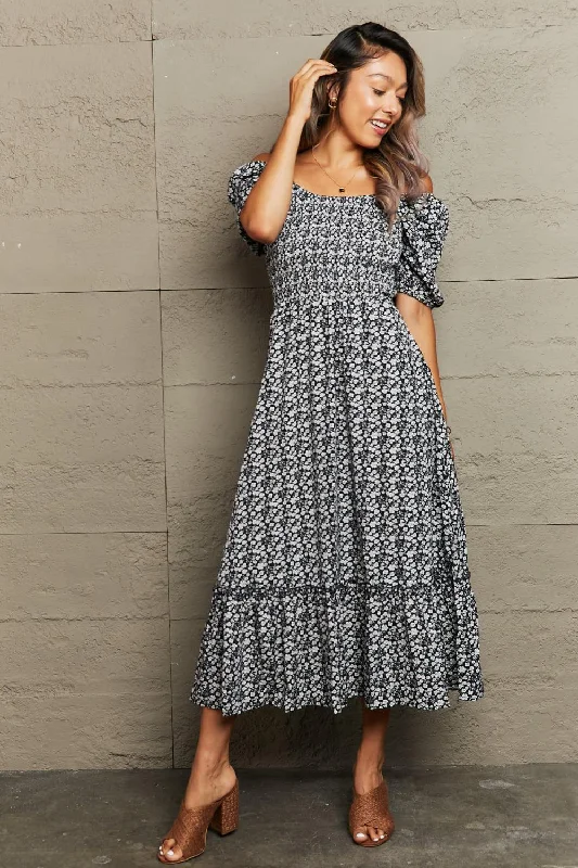 Floral Lace-Up Off-Shoulder Midi Dress Stylish Vintage Midi Dress