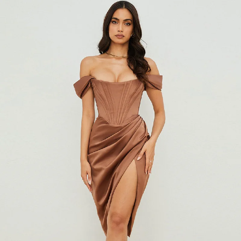 Glossy Satin Off Shoulder Draped Corset Cocktail Midi Dress - Chocolate Comfortable Empire Waist Midi Dress