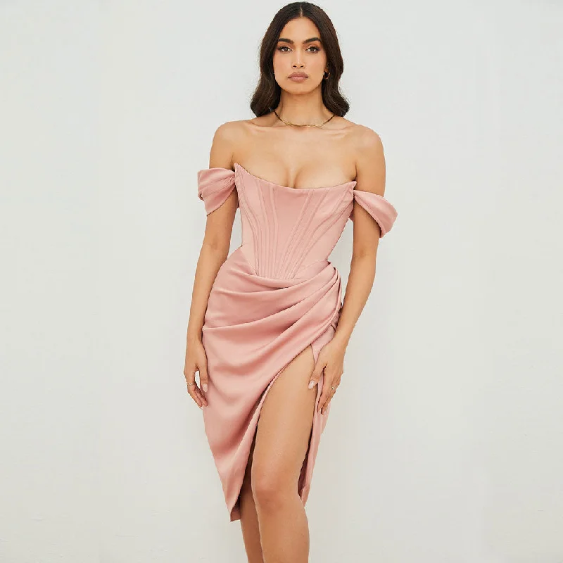 Glossy Satin Off Shoulder Draped Corset Cocktail Midi Dress - Pink Fashionable Wide Leg Midi Dress