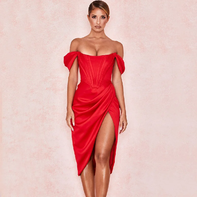 Glossy Satin Off Shoulder Draped Corset Cocktail Midi Dress - Red Comfortable Sleeveless Midi Dress