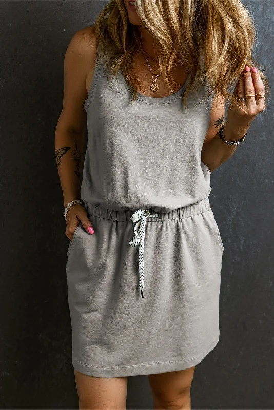 Gray Sleeveless Drawstring Waist Mini Dress Cozy Cotton Mini Dress