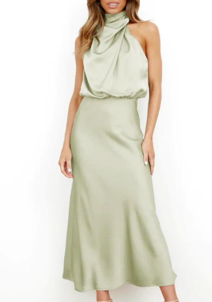 Green Satin drape Asymmetric Strap Midi Dress Trendy Boho Midi Dress