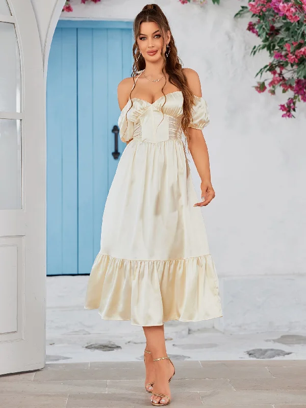 Halter Off Shoulder Corset Satin Midi Dress Trendy Ruffle Hem Midi Dress