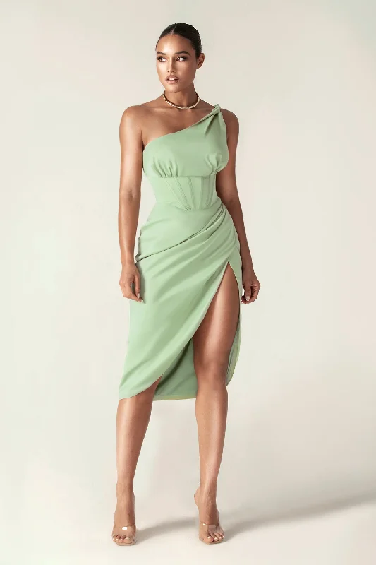 Harper Corset Satin Midi Dress (Sage Green) Trendy Ruffled Sleeve Midi Dress