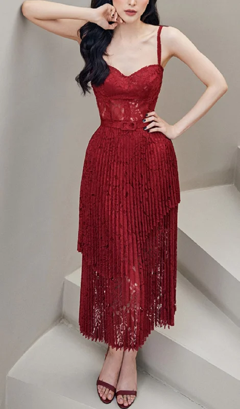 HOLLOW LACE SUSPENDER MIDI DRESS IN RED Trendy Boho Midi Dress