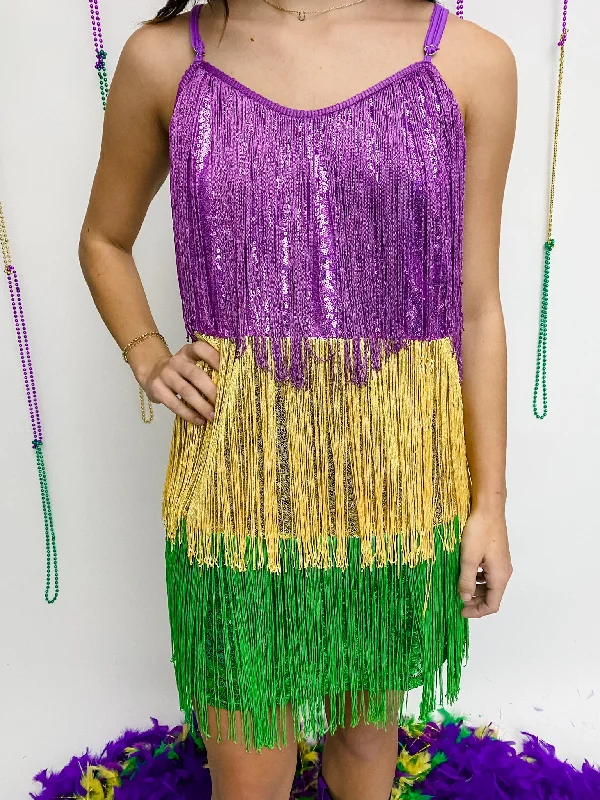 Mardi Gras Sequin Fringe Mini Dress Fashionable Boho-Chic Mini Dress