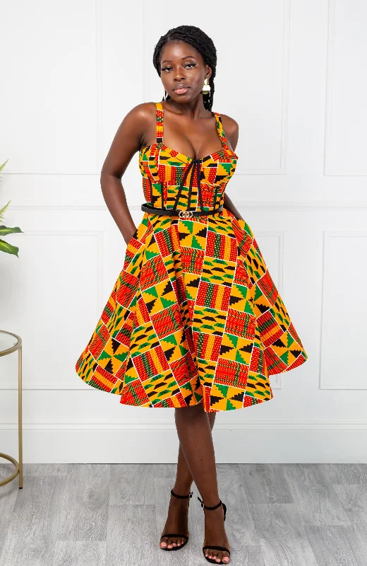 Kente African Print Fit & Flare Corset Midi Dress - KENYA Comfortable Geometric Print Midi Dress