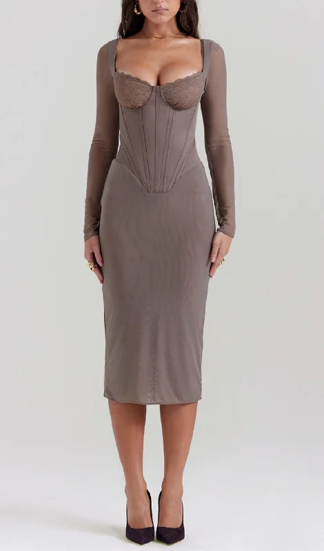 LACE CORSET MIDI DRESS IN MOCHA Elegant Faux Wrap Midi Dress