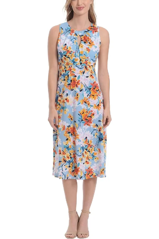 London Times T6725M A Line Printed Short Cocktail Midi Dress Fashionable Chiffon Midi Dress