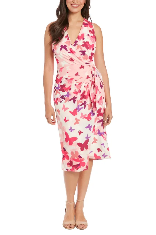 London Times T7618M Short Cocktail Printed Midi Dress Trendy Ruffle Hem Midi Dress