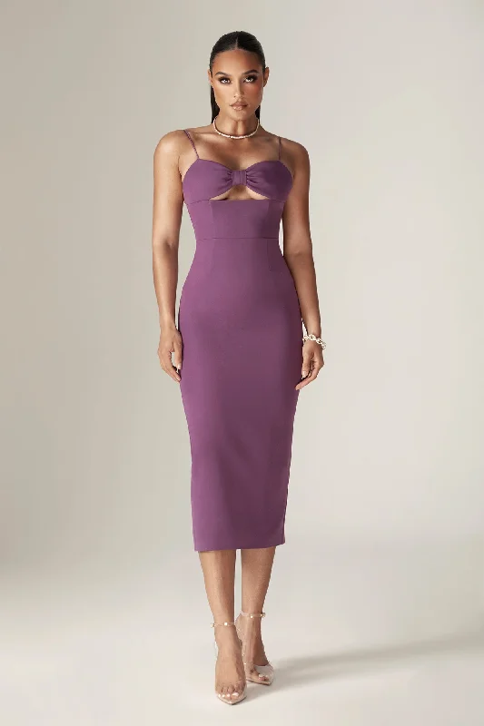 Loreen Crepe Straps Corset Midi Dress (Purple) Trendy Smocked Detail Midi Dress