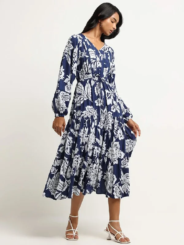 LOV Navy Botanical Print Midi Dress Comfortable Empire Waist Midi Dress