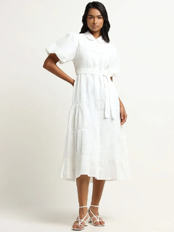 LOV White Embroidered Cotton Midi Dress With Belt Trendy Tiered Hem Midi Dress