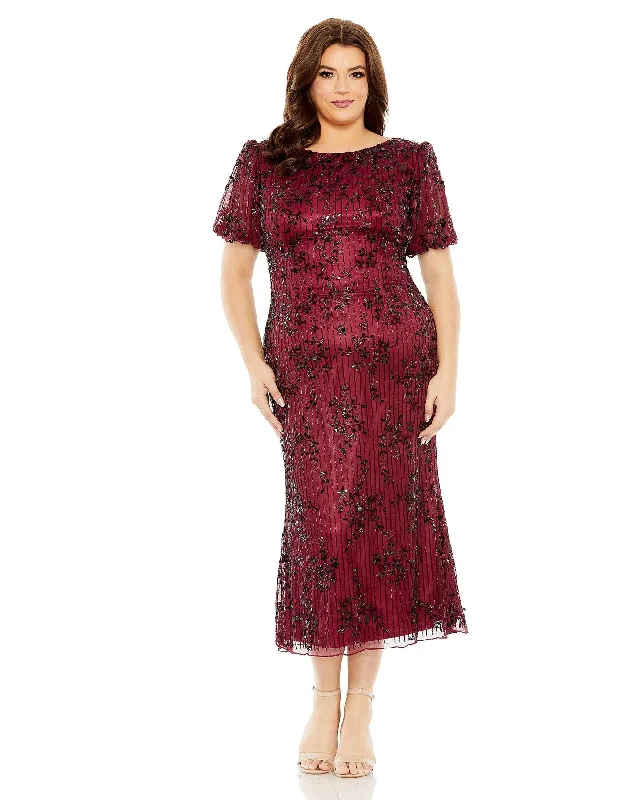 Mac Duggal 5940 Plus Size High Neck Puff Sleeve Embellished Midi Dress Fashionable A-Line Midi Dress