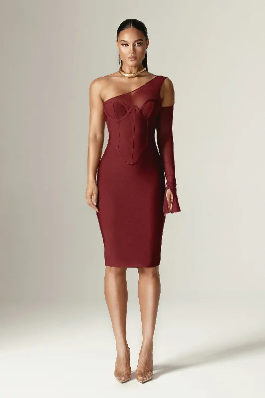 Naomi Mesh Bandage Midi Dress (Burgundy) Cozy Wide Strap Midi Dress