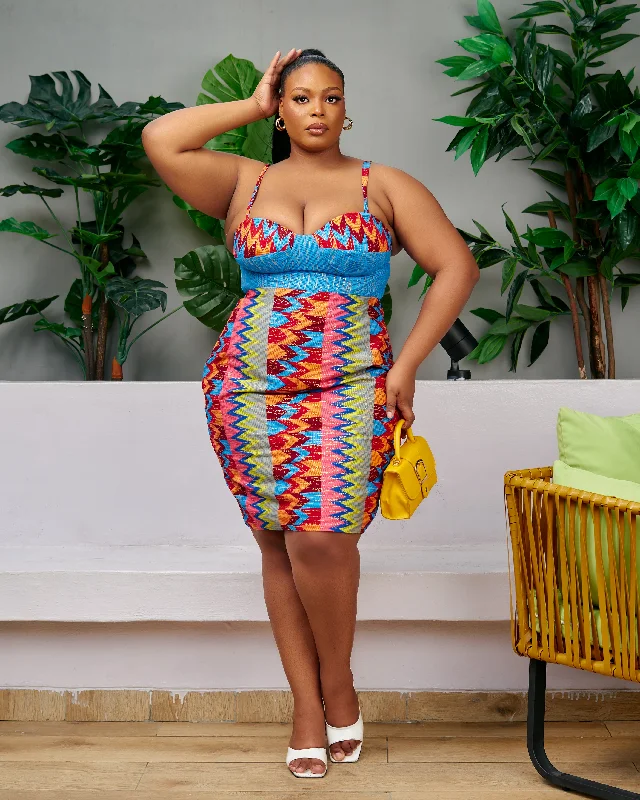 New in African Print Kente Corset Midi Dress - Nkem Comfortable Ruched Midi Dress