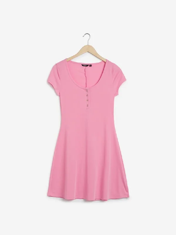 Nuon Pink Corduroy Textured Manny Midi Dress Trendy Ruffled Sleeve Midi Dress