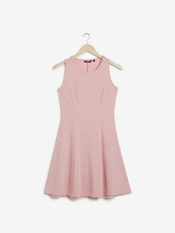 Nuon Pink Corduroy Textured Midi Dress Comfortable Denim Midi Dress