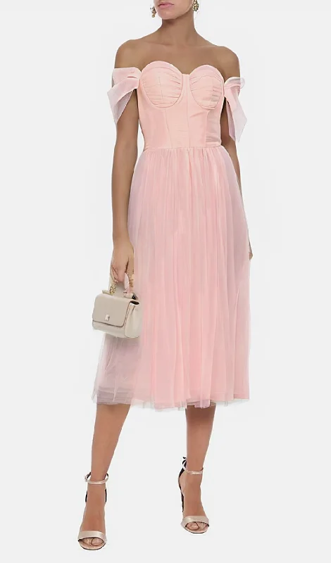 OFF SHOULDER CORSET A LINE MIDI DRESS IN PINK Comfortable Button Front Midi Dress