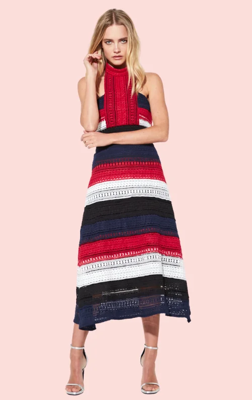 Patriot Midi Dress - Stripe/Red Fashionable Fitted Midi Dress