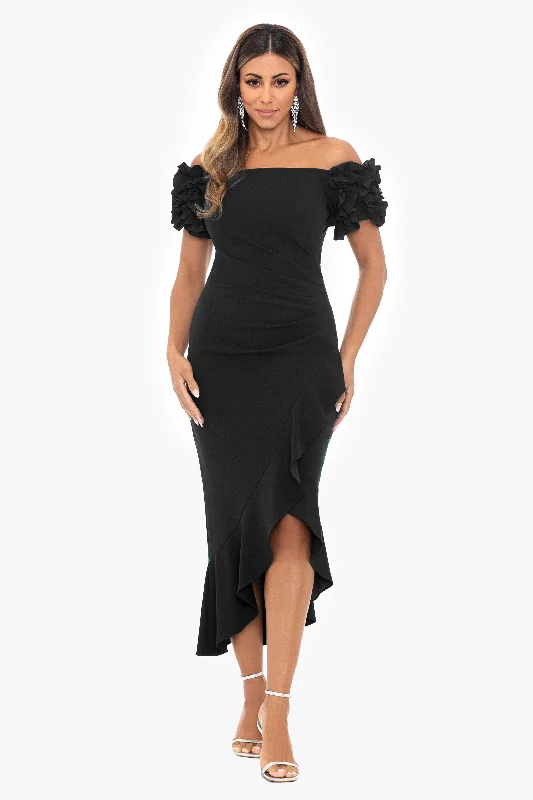 Petite "Loretta" Scuba Crepe Off the Shoulder Ruffle Sleeve Midi Dress Trendy Smocked Waist Midi Dress