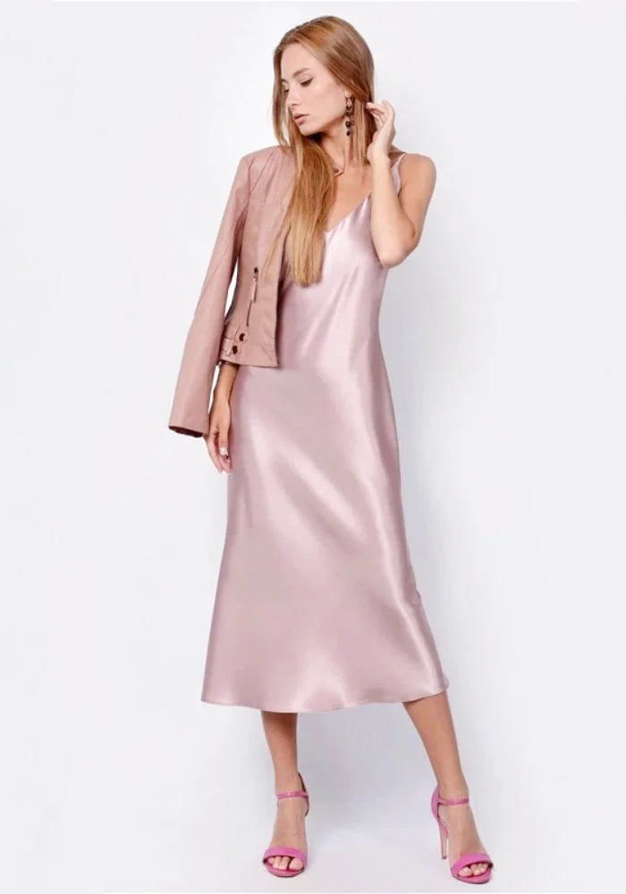 Pink Satin Midi Dress Fashionable Off-Shoulder Dress Midi