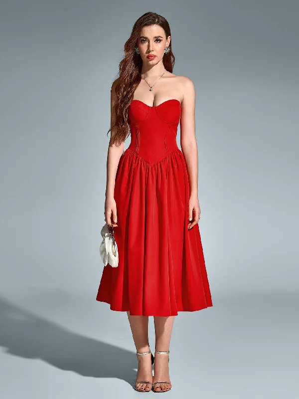 Pleat Corset Flared Hem Midi Dress Cozy Wide Strap Midi Dress