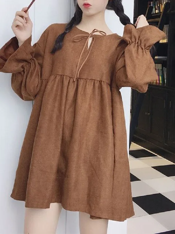 Pleating Long sleeve Pure Color Korean Style Women Mini Dress Comfortable Boho Mini Dress