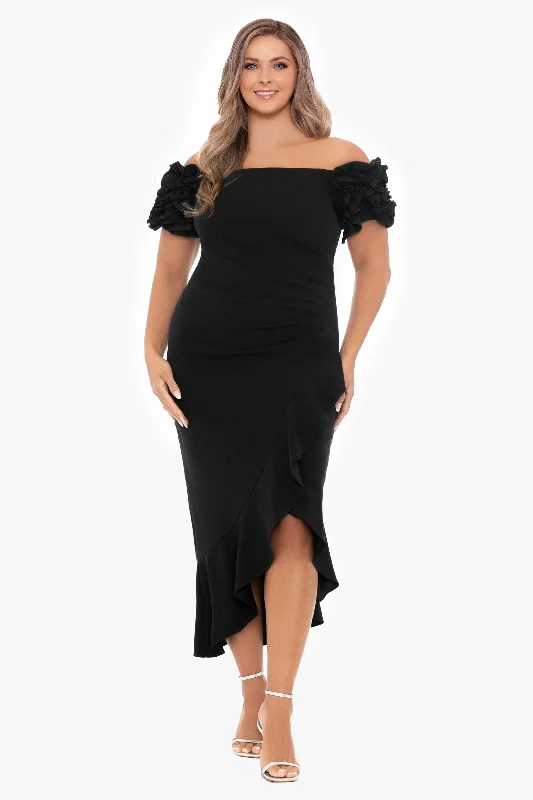 Plus "Loretta" Scuba Crepe Off the Shoulder Ruffle Sleeve Midi Dress Chic Off-Shoulder Midi Dress