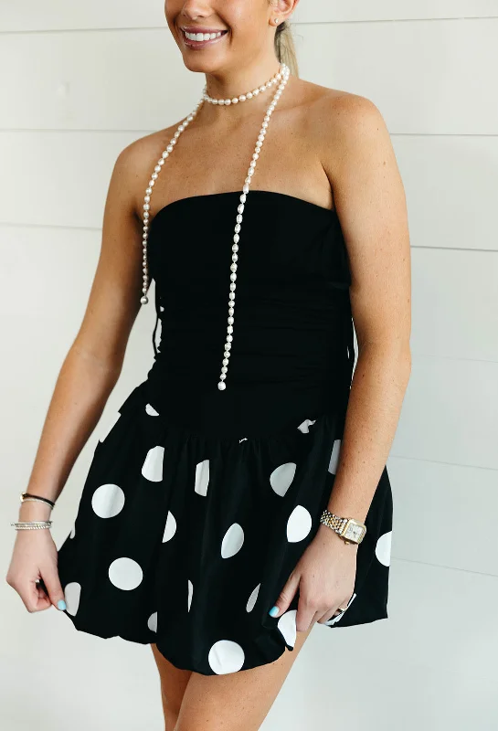 Polka Dot Mini Dress - Black/White Fashionable Lace-Trim Mini Dress