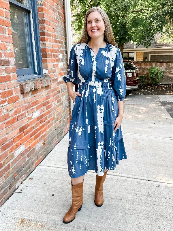 Portofino Midi Dress - Blue Abstract Elegant Satin Button Midi Dress