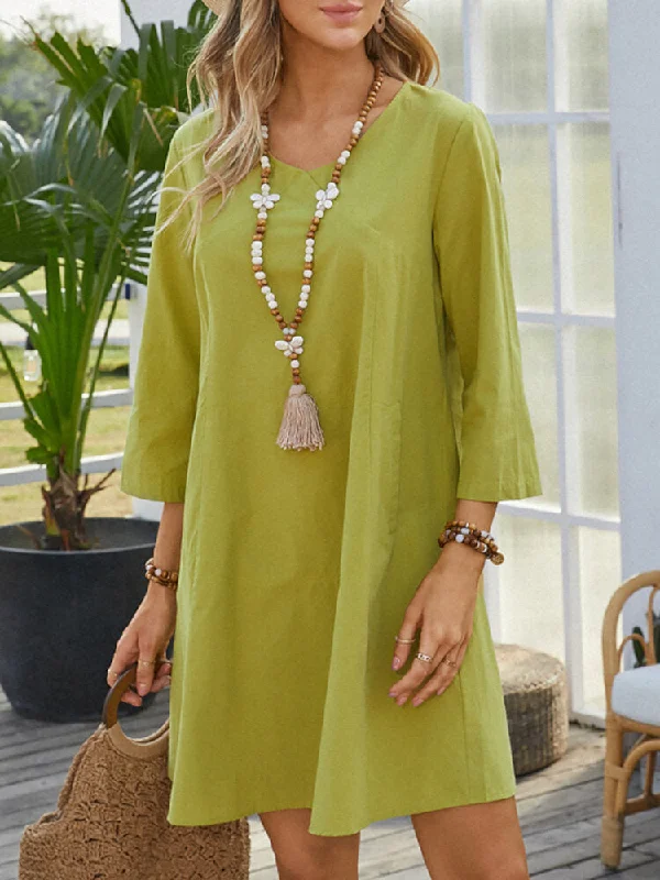 Apple Green Pure Color V-neck Long Sleeve Plain Casual Pocket Women Mini Dress Elegant Lace Mini Dress