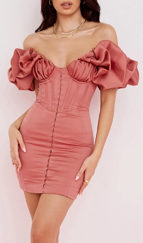 SATIN RUFFLE STRAPLESS MINI DRESS IN ROSE PINK Fashionable Mini Dress with Slits