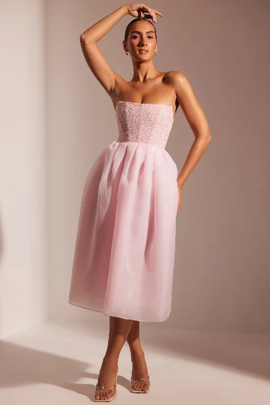 Embellished Corset Tulle Skirt Midi Dress in Blush Comfortable Floral Print Midi Dress