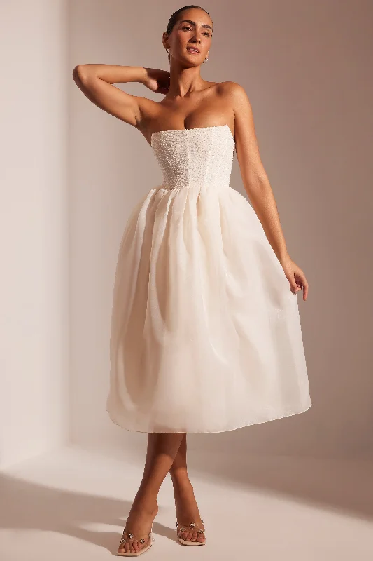 Embellished Corset Tulle Skirt Midi Dress in Ivory Chic Bohemian Midi Dress