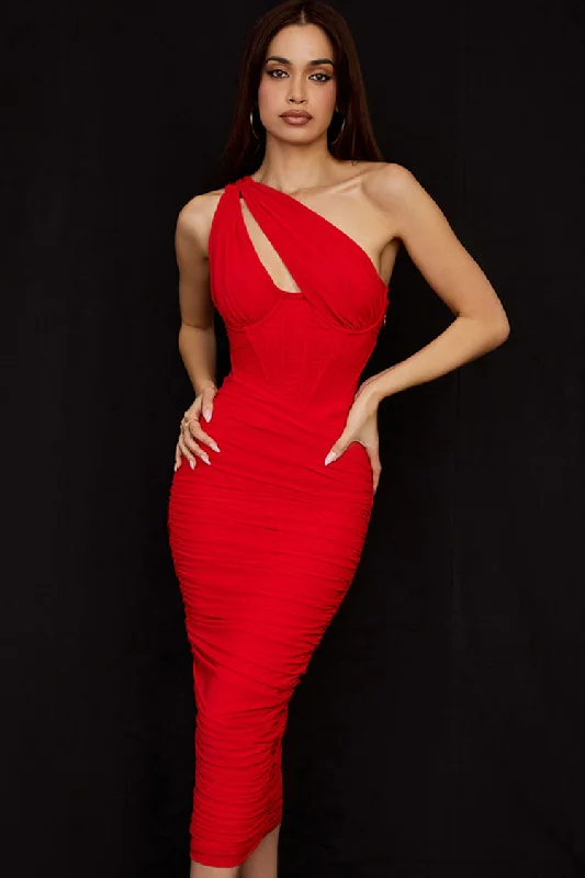 Sexy Cutout One Shoulder Ruched Bodycon Mesh Corset Midi Dress - Red Comfortable Knitwear Midi Dress