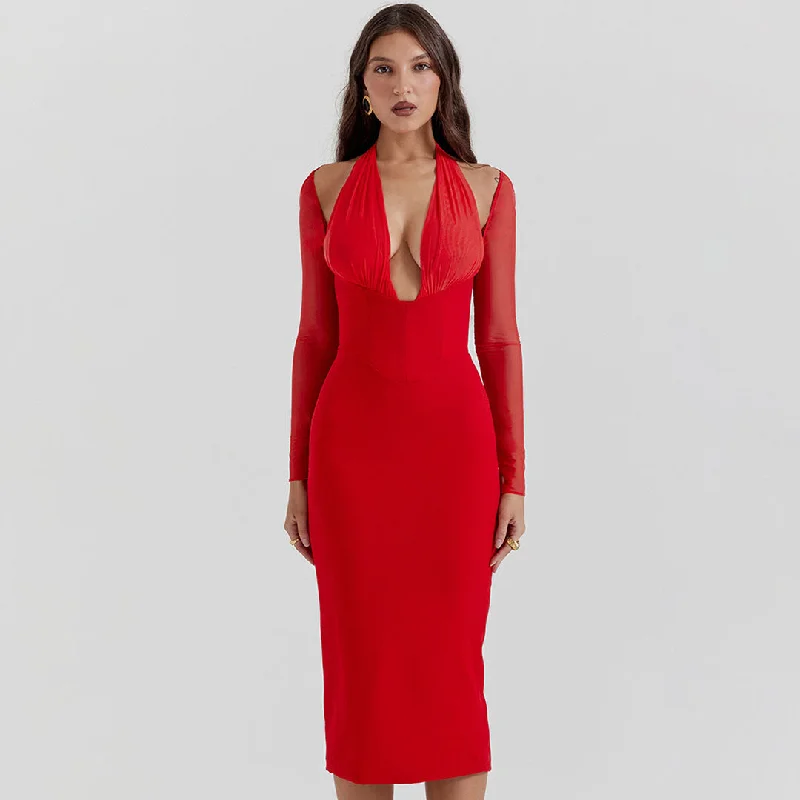 Sexy Halter V Neck Sheer Sleeve Mesh Panel Corset Cocktail Midi Dress - Red Cozy Tie-Dye Midi Dress