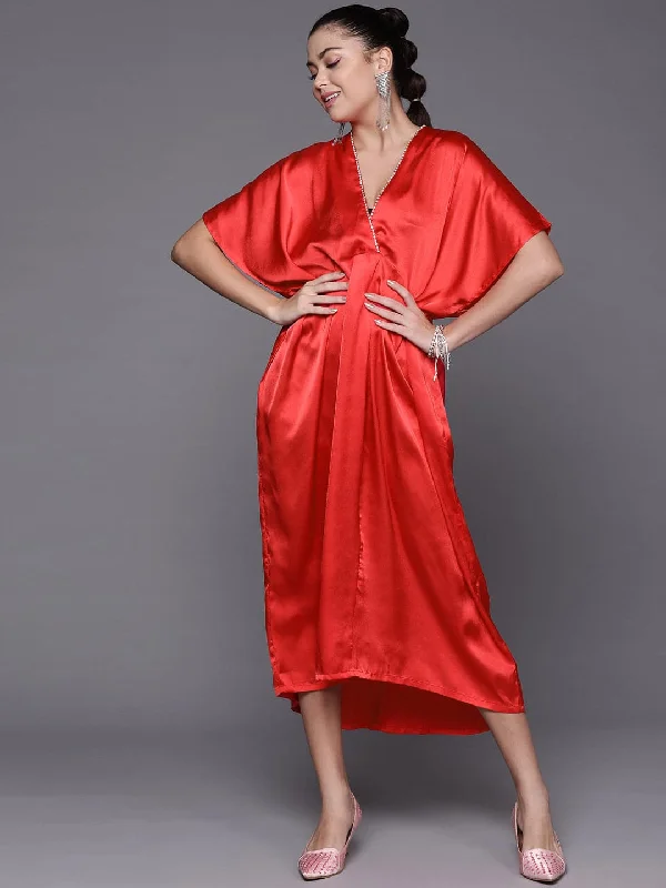 Women Red Satin Kaftan Midi Dress Trendy Off-Shoulder Ruffle Midi Dress