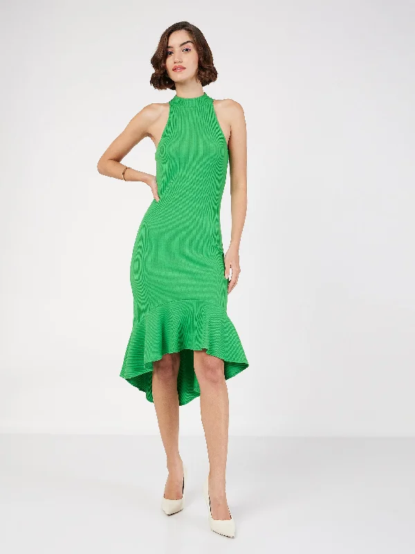 Women Green Rib Fish Frill Bodycon Midi Dress Comfortable Empire Waist Midi Dress