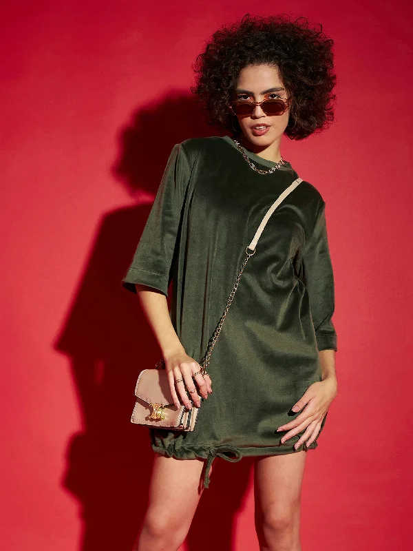 Women Olive Velour Tie Hem Mini Dress Fashionable Off-Shoulder Mini Dress