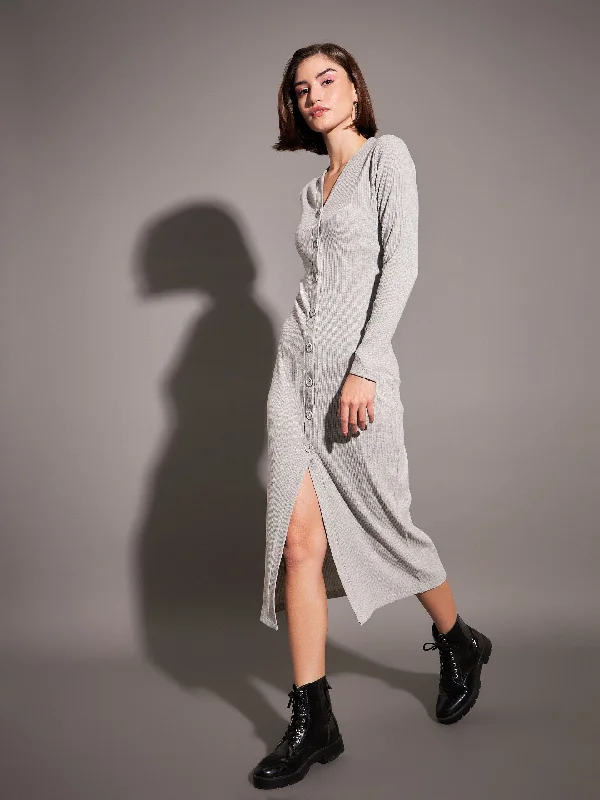 Women Grey Rib Front Button Midi Dress Trendy Shift Midi Dress