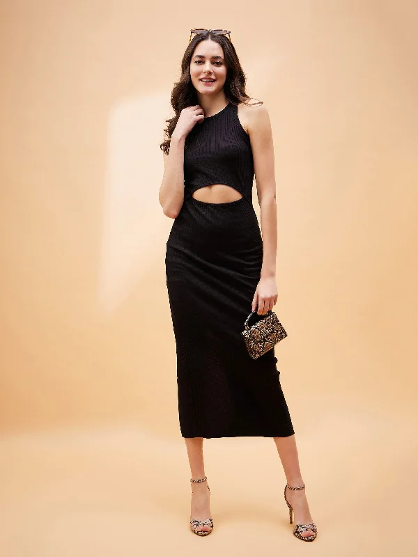 Women Black Front Cut Out Rib Midi Dress Stylish Cold Shoulder Midi Dress