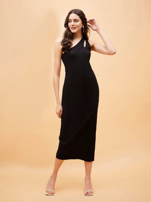 Women Black Rib One Shoulder Midi Dress Fashionable Casual Midi Dress