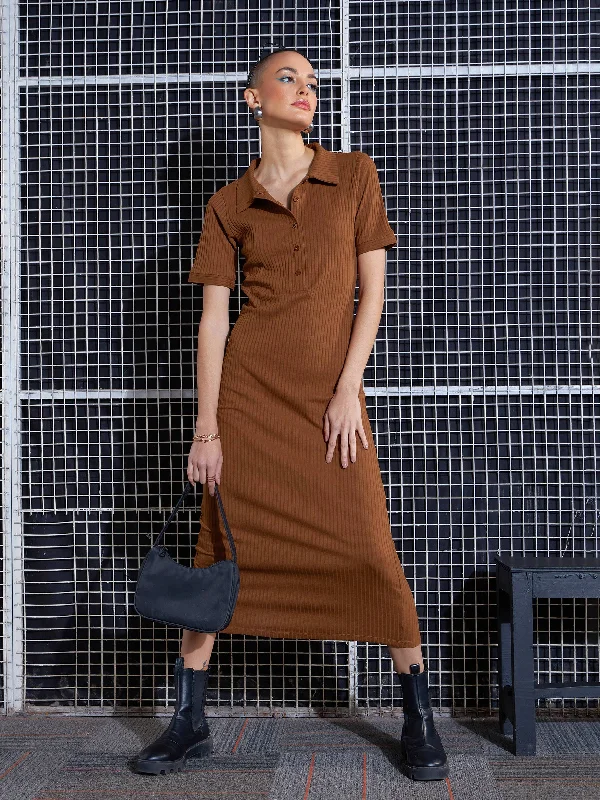 Women Brown Rib Polo Neck Bodycon Midi Dress Fashionable Skater Midi Dress