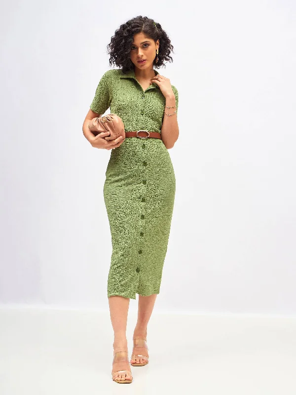 Women Green Knitted Front Button Bodycon Midi Dress Comfortable Button Front Midi Dress