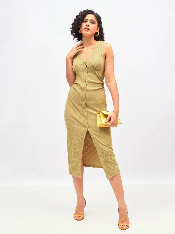 Women Khaki Rib Front Button Bodycon Midi Dress Cozy Ribbed Knit Midi Dress