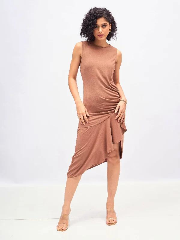 Women Brown Box Back Cascade Ruffle Midi Dress Trendy A-Line Midi Dress