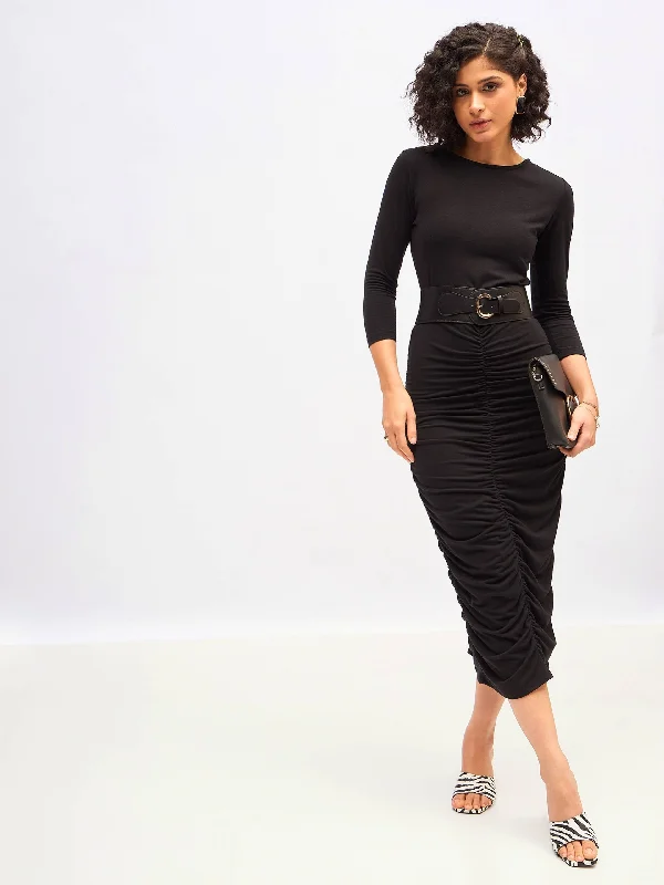 Women Black Ruched Bodycon Midi Dress Trendy Fit-and-Flare Midi Dress