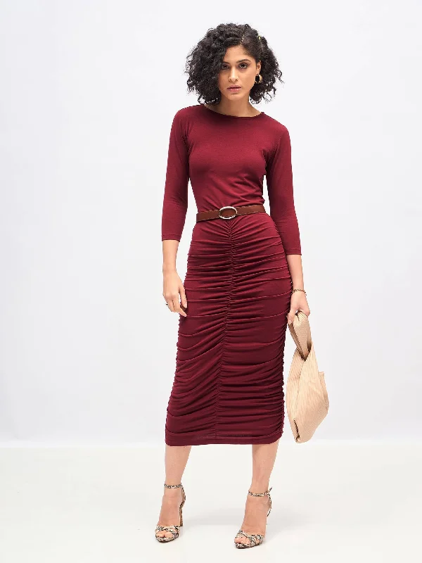 Women Maroon Ruched Bodycon Midi Dress Stylish Long Sleeve Floral Midi Dress