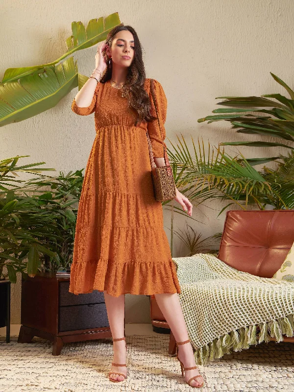 Women Rust Dobby Tiered Midi Dress Chic Bohemian Midi Dress